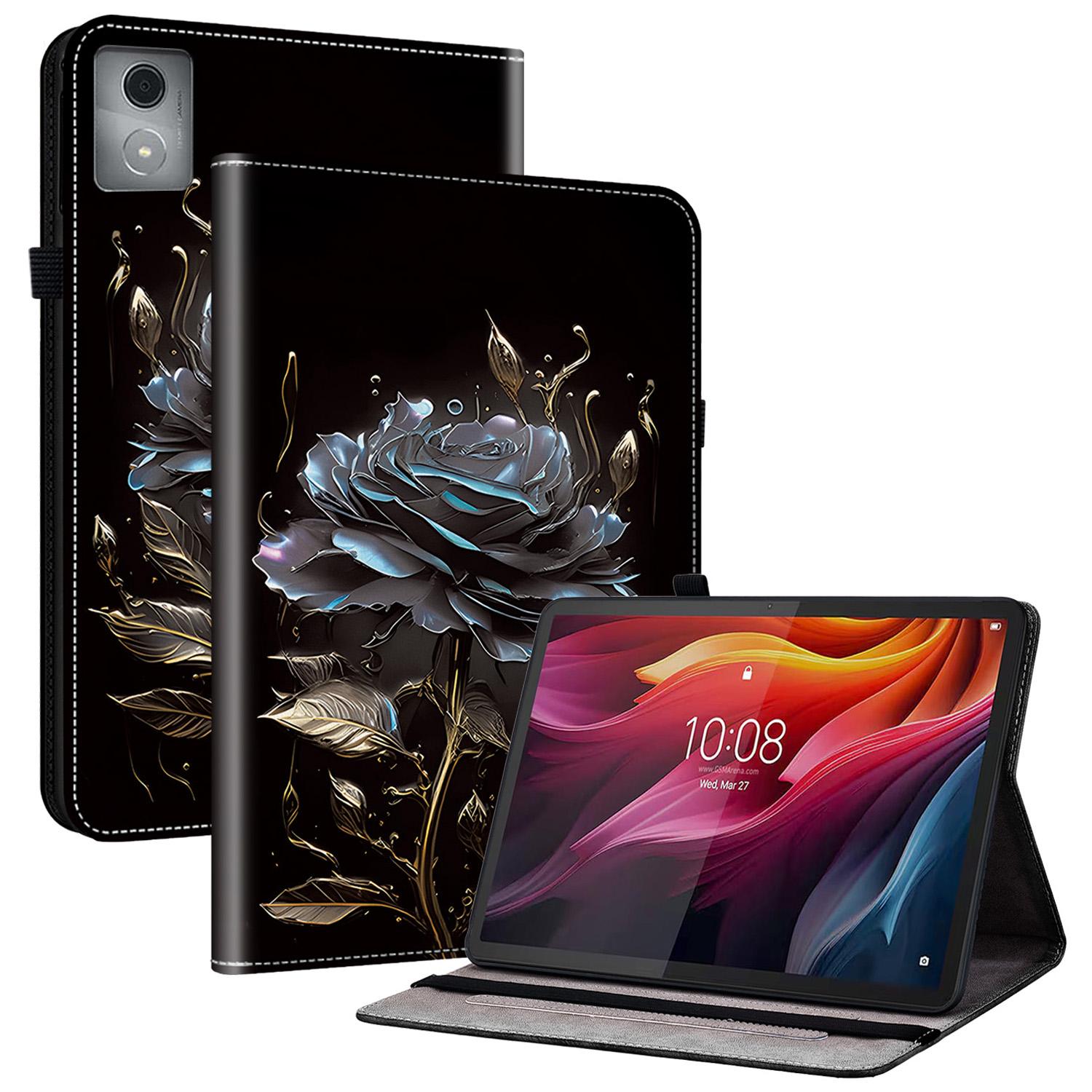 

For Lenovo Tab K11 Plus Stand Case Pattern Print Card Slots PU Leather Tablet Cover Black Rose