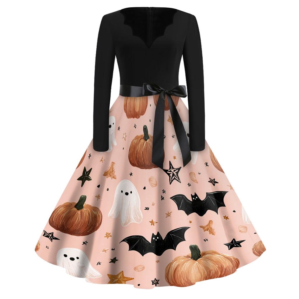 Womens Vintage Halloween Print Dress V Neck Long Sleeve Casual Retro Style Midi Dress with Waist Tie Belt