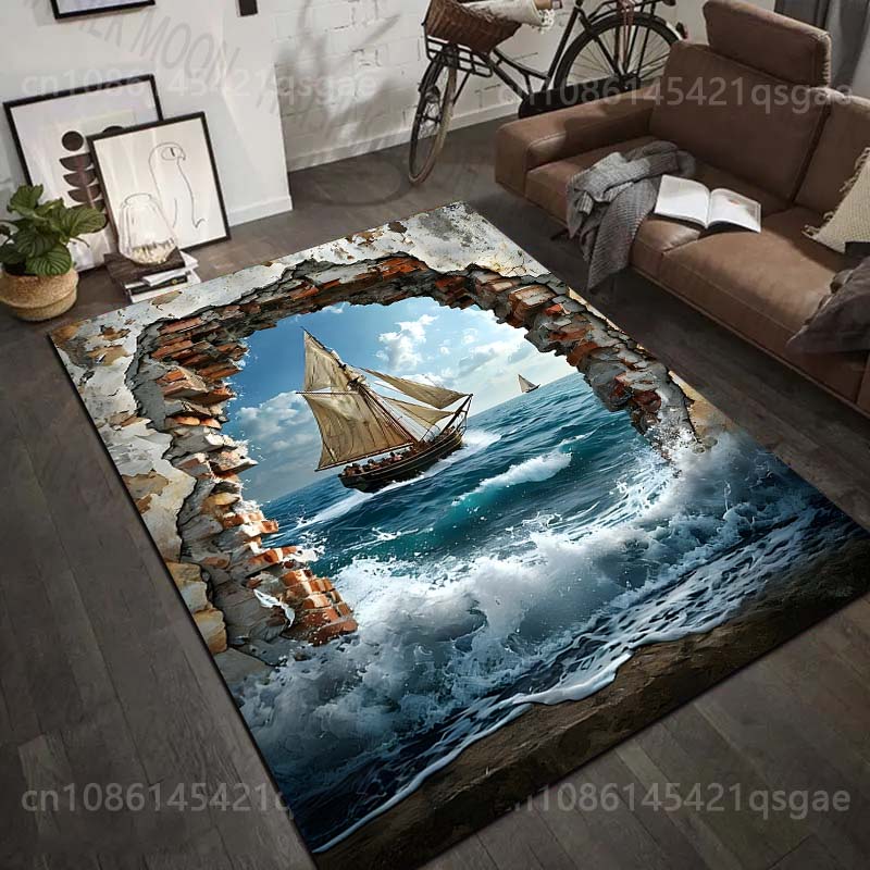 1PC Sailing Ship Through Broken Wall Print Carpet Rug for Living Room Bedroom Sofa Doormat Home Decor Non-slip Floor Mat
