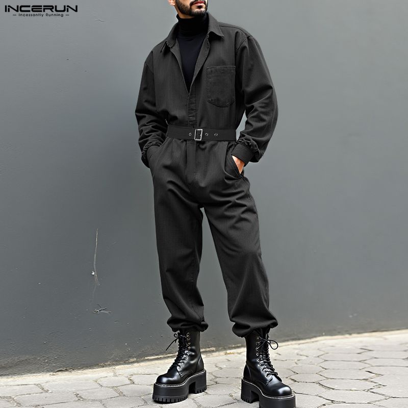 INCERUN Men Lapel Neck Long Sleeve Belt Solid Color Casual Buttons Long Jumpsuits Rompers