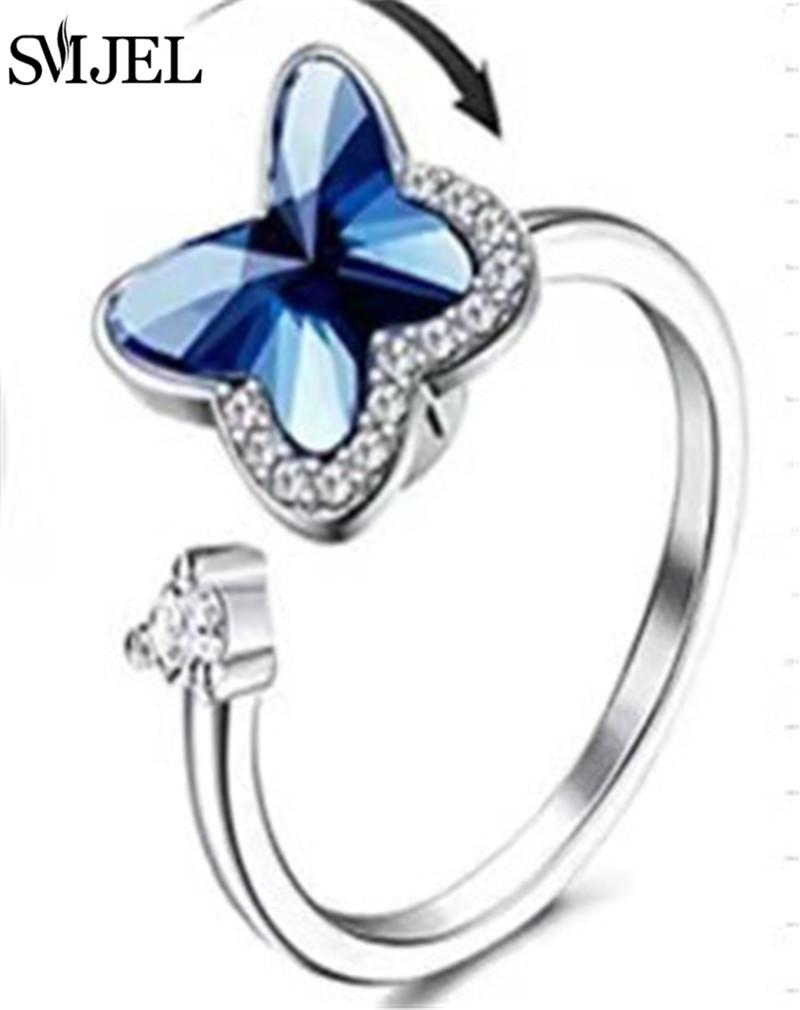 SMJEL Fidget Spinner Ring Anxiety for Women Crystal Demon Eyes Anti Stress Rings Flower Planet Sun Rotating Jewelry Wedding Gift