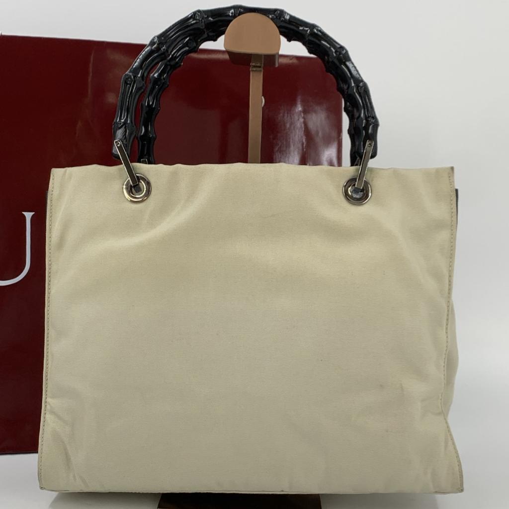 GUCCI Bamboo Handbag Tote Bag Nylon Canvas Leather Beige Ivory White Black 002 1010