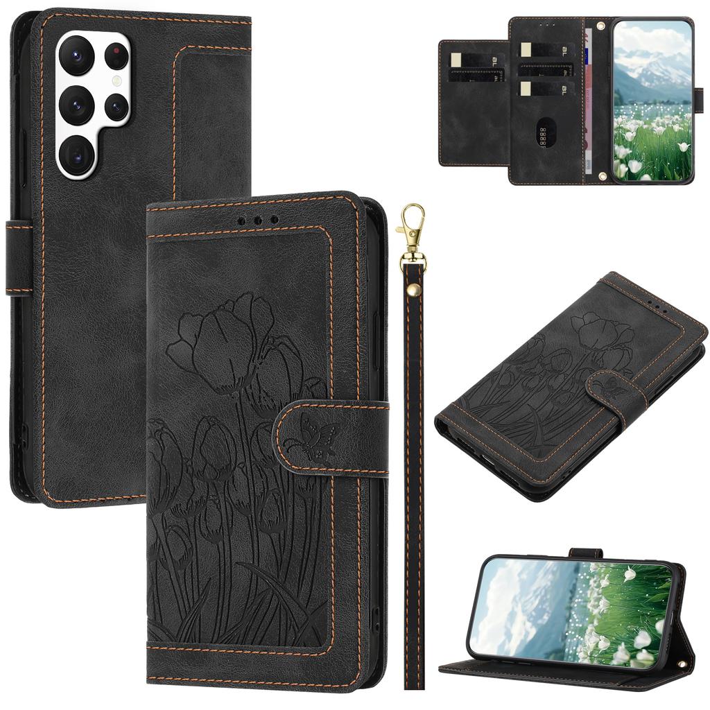 For Samsung Galaxy S22 Ultra 5G Case Tulip Leather Phone Cover with 5 Card Slots Wallet