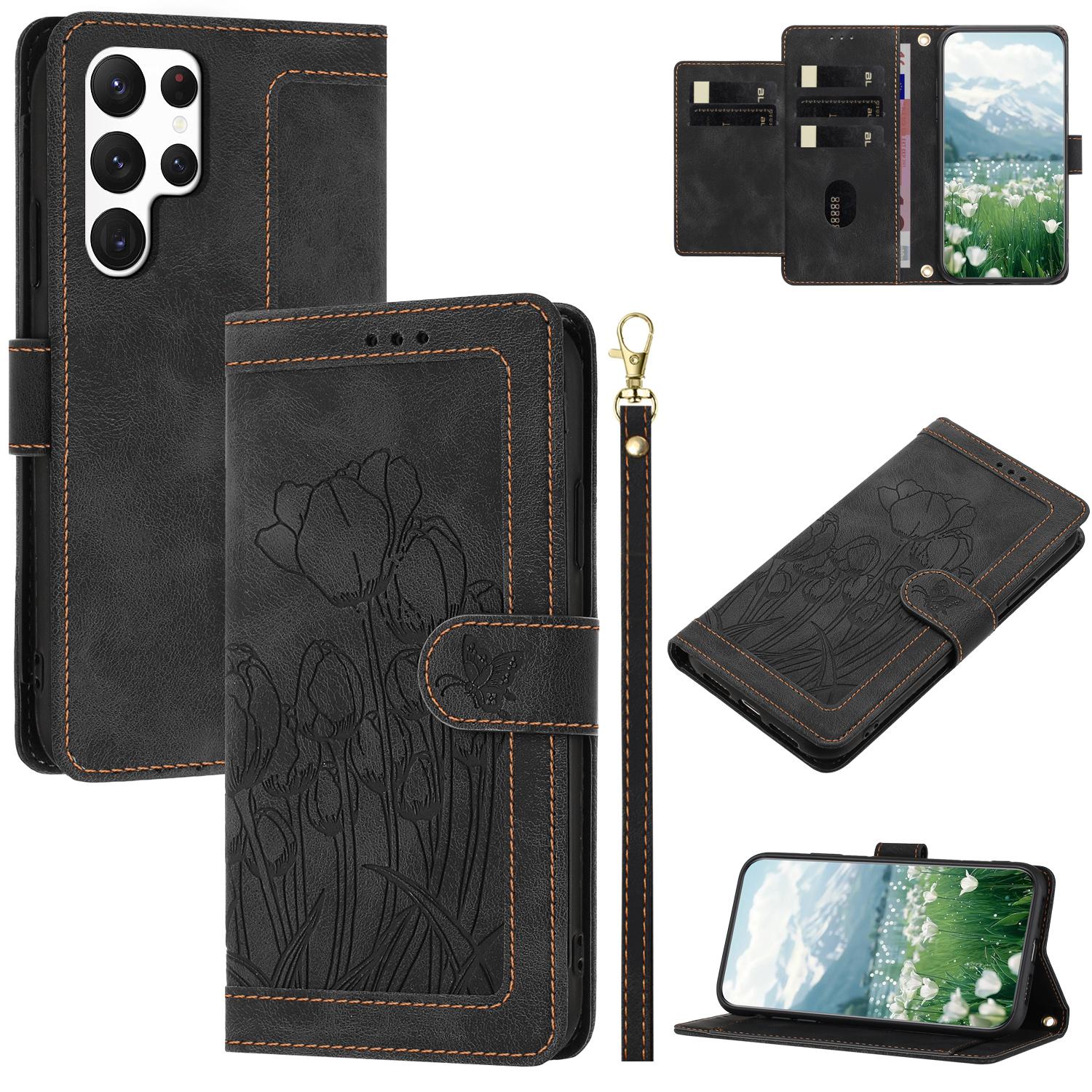 

For Samsung Galaxy S22 Ultra 5G Case Tulip Leather Phone Cover with 5 Card Slots Wallet Black