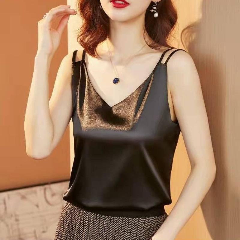 Dámské letní ležérní jednobarevné hedvábné tričko s výstřihem do V, volné rukávy tílka