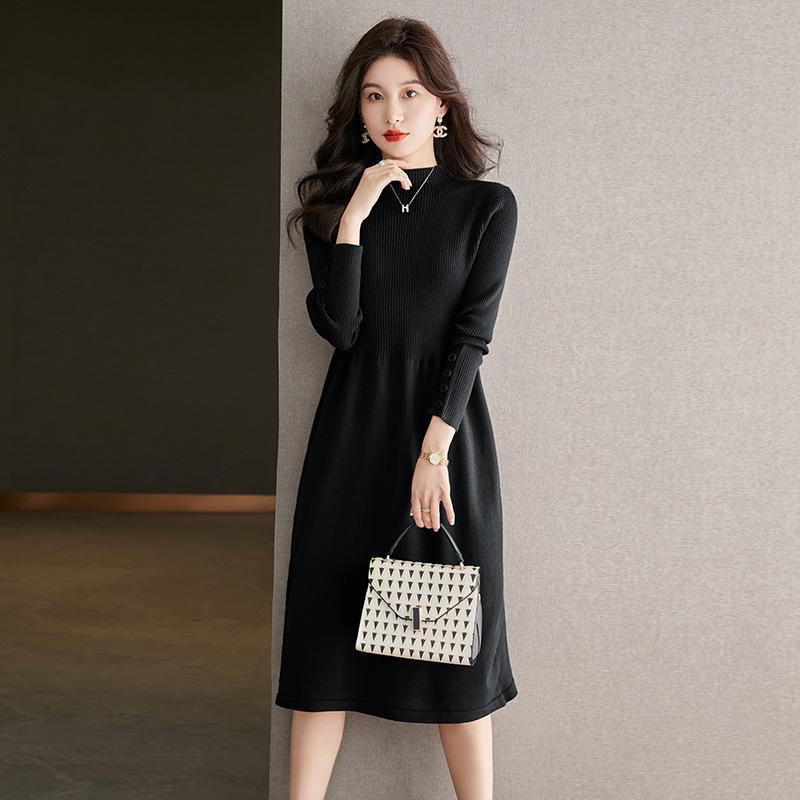 

Waist-cinching Knitted Dress for Women Solid Color Casual Mid-length Sweater A-line Sweater Dress for Autumn and Winter S чёрный