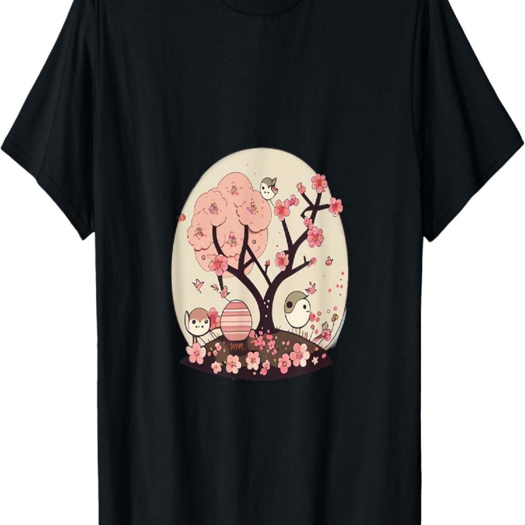 Cute Kawaii Birds Hanging Out Around Cherry Blossom Tree T-Shirt