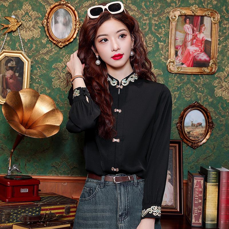 Women's Stand-Up Collar Shirt with Chinese Embroidery, Zen Style Long-Sleeve Top for Spring and Autumn.