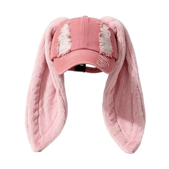 Lady Baseball Cap with Plush Rabbit Ears, Washed Distressed Peaked Hat for Warm Winter Winter, Long Bunny Ear Dance Party Show Festivals Ears