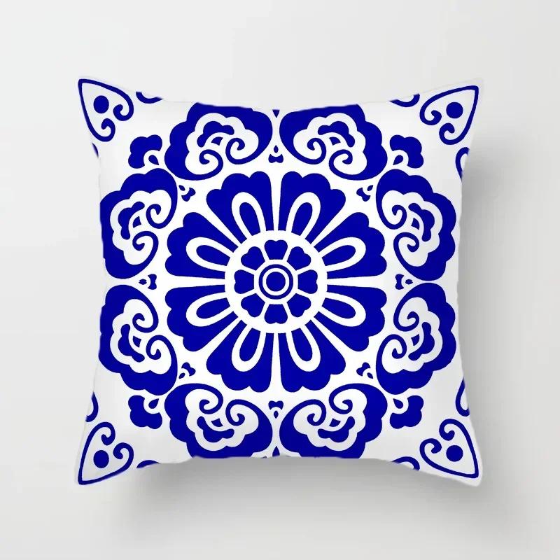 40/45/50/60Cm Blue Geometric Floral Printed Pillow Case Soft Cushion Cover For Home Sofa Car Bedroom Pillow Covers
