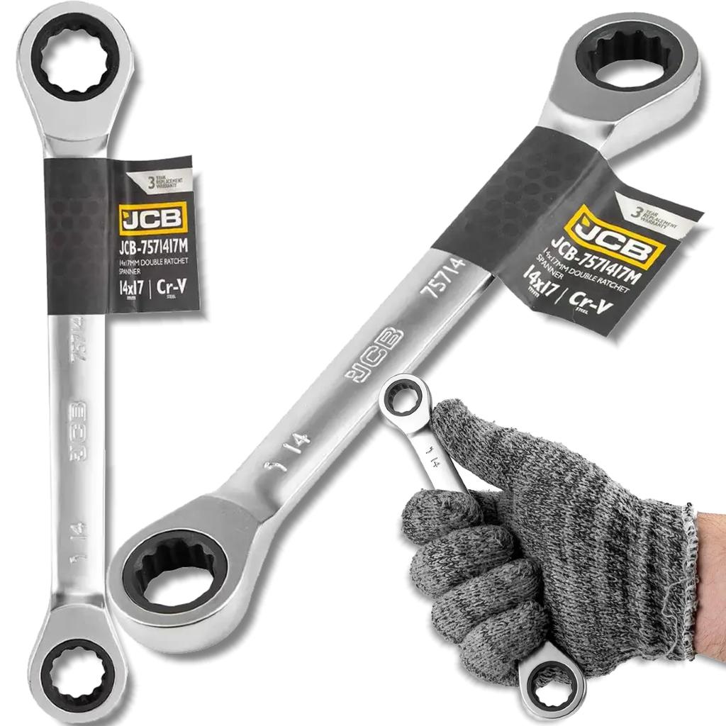 JCB Double-ended Ratchet Ring Spanner 14x17mm Cr-V 12-point