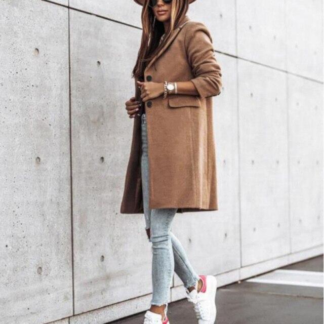 

Новое женское осенне-зимнее шерстяное пальто с длинным рукавом и карманами на пуговицах, облегающее, средней длины, на молнии, однотонное, повседневное, модное, женская одежда, пальто, топы L хаки