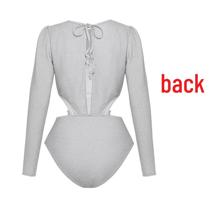 Jednokolorowy Błyszczący Kostium Kąpielowy Jednoczęściowy z Wycięciami i Długim Rękawem 2023 - Nowy Styl Europejski i Amerykański