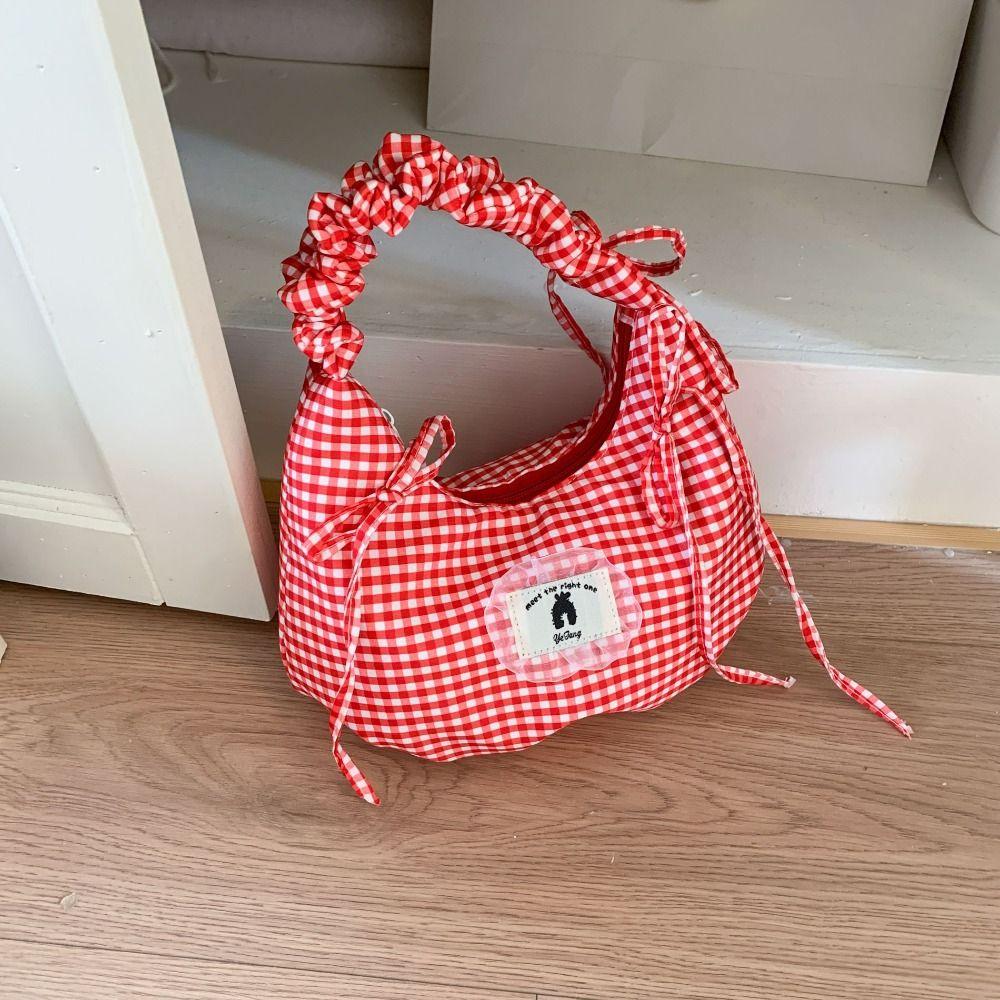 Pleated Bow Shoulder Bag Ruffles Underarm Bag All Match Plaid Armpit Bag  Handbags