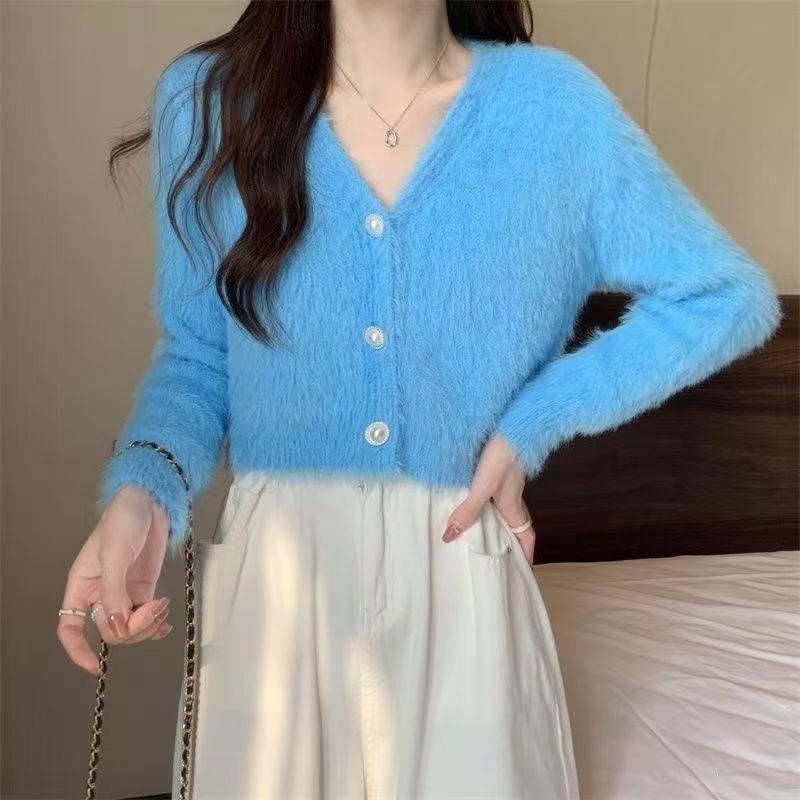 V-neck Faux Mink Velvet Short Knit Cardigan - Women's Autumn/Winter Outerwear