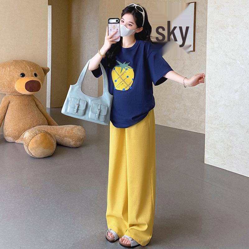 2026 Summer Maternity Set: Printed Cotton T-shirt & Straight-Leg Pants Two-piece XL