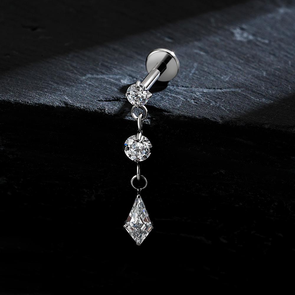 Right Grand ASTM F136 Titanium Dangling CZ Drop Piercing 16G Dangle Chain Kite Shape Cartilage Helix Stud Flat Back Earring
