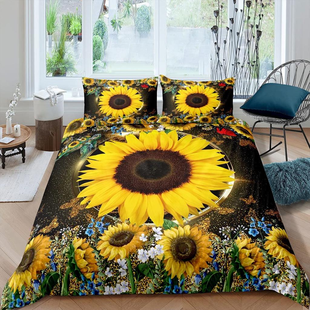 Vintage Sonnenblumen Bettbezug Set Buchstaben Bettwäsche Set Buchstaben und Sonnenblumen Gedruckt Retro Mädchen Queen Size 2/3tlg. Bettdeckenbezug