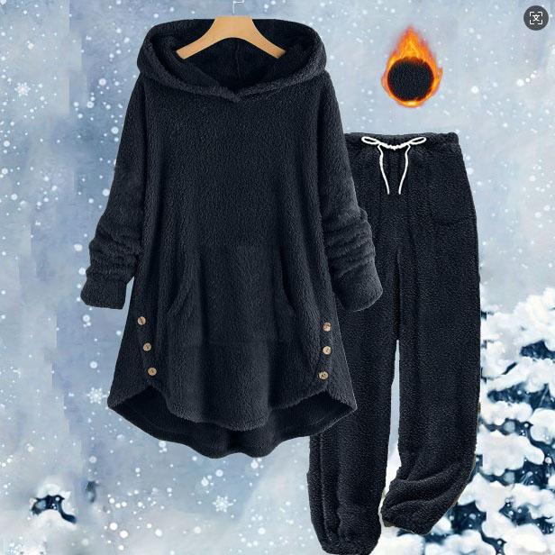 

Пушистый пижамный комплект для женщин Зимняя теплая плюшевая одежда для сна больших размеров Худи и брюки на кулиске Свободные пушистые пижамные костюмы XXXXXL темно-синий