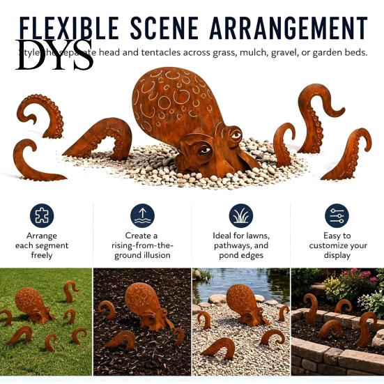 Octopus Garden Ornament Rust Patina Giant Squid Sculpture, 3D Metal Nautical Outdoor Marine Themed Decor Statue for Patio Lawn Beach House Decor,