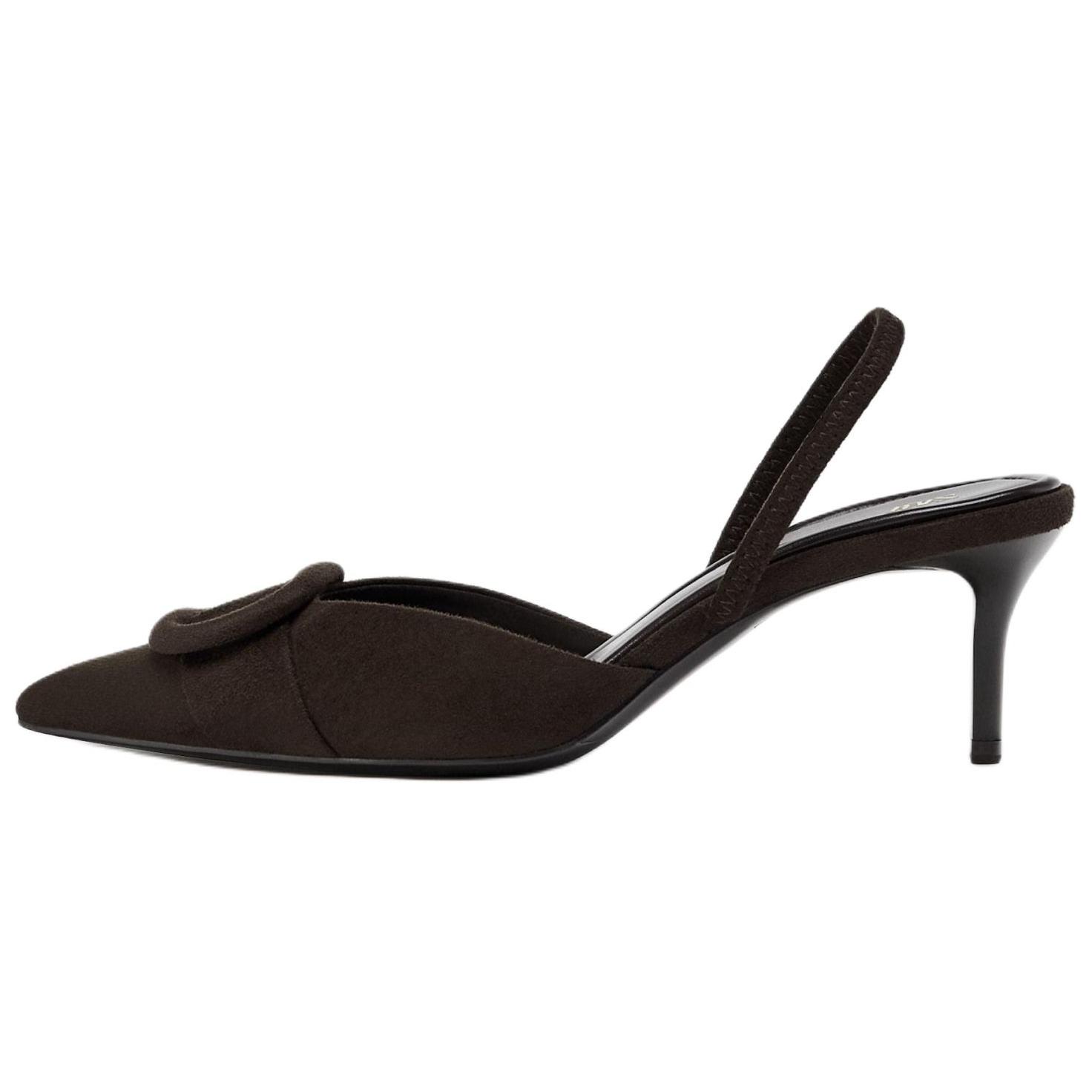 Zara Suede Bow Detail Pointed Toe Slingback Kitten Heels Brown Women 12234510-38 36