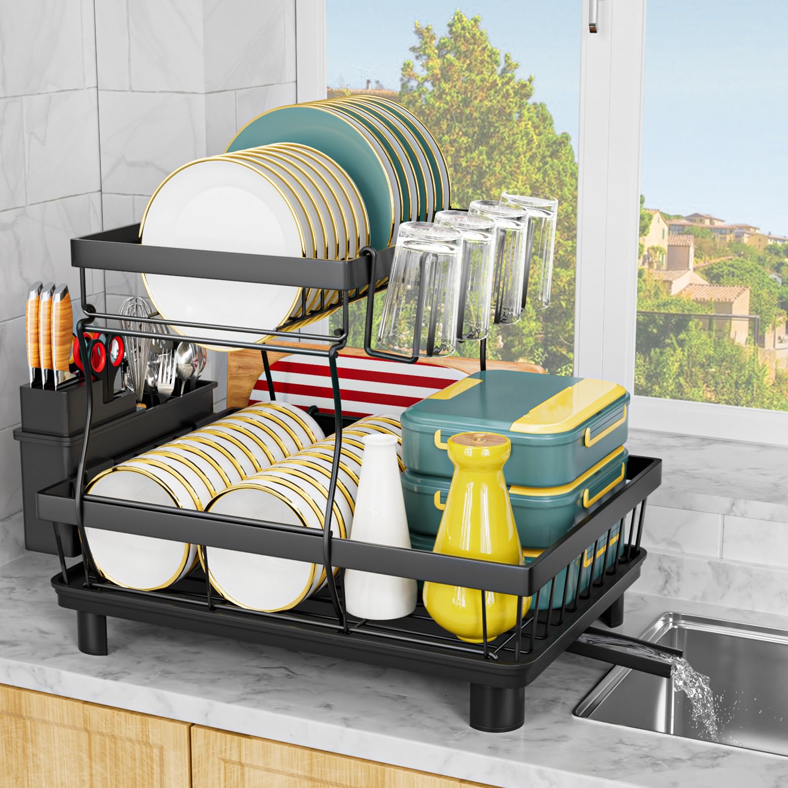 

Лайцяньлэ Посуда Кухня Над Посудой Над Длиной 43 x Ширина 33 x Высота Автоматическая Посуда Посуда Легко в Естественное Пространство Усиленная Сушилка, 2-ярусная, чёрный