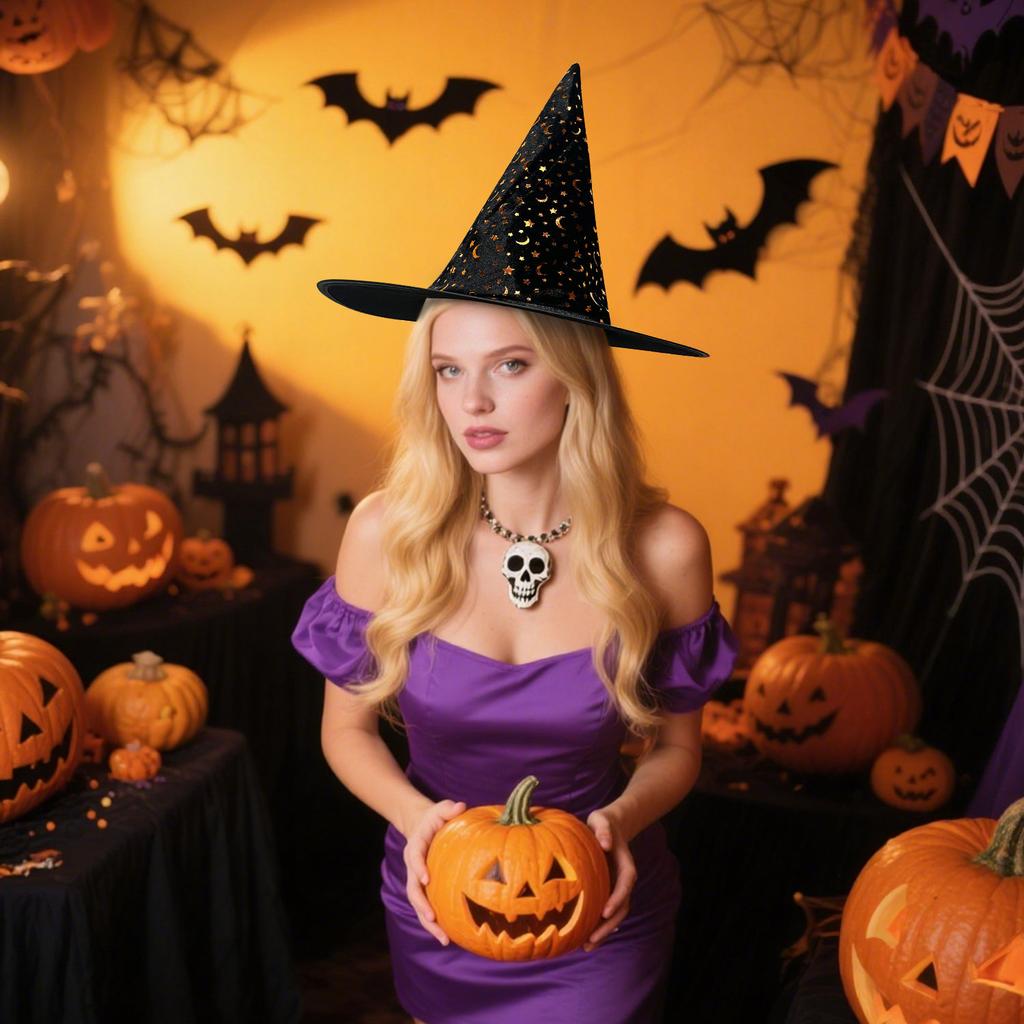 2pcs American Trends Halloween Witch Hat for Women Wizard Hat with Gold Star Cosplay Costume Accessory for Party