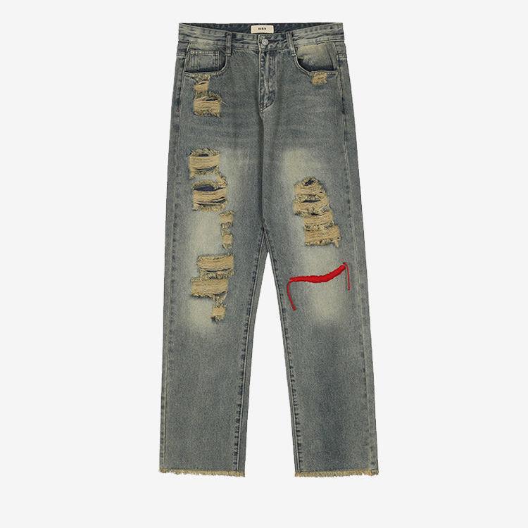 JYL Мужские джинсы с потертостями, окрашенные в грязи, уличный стиль, стирка, свободные, прямые, повседневные, деним 2XL светло-зеленый