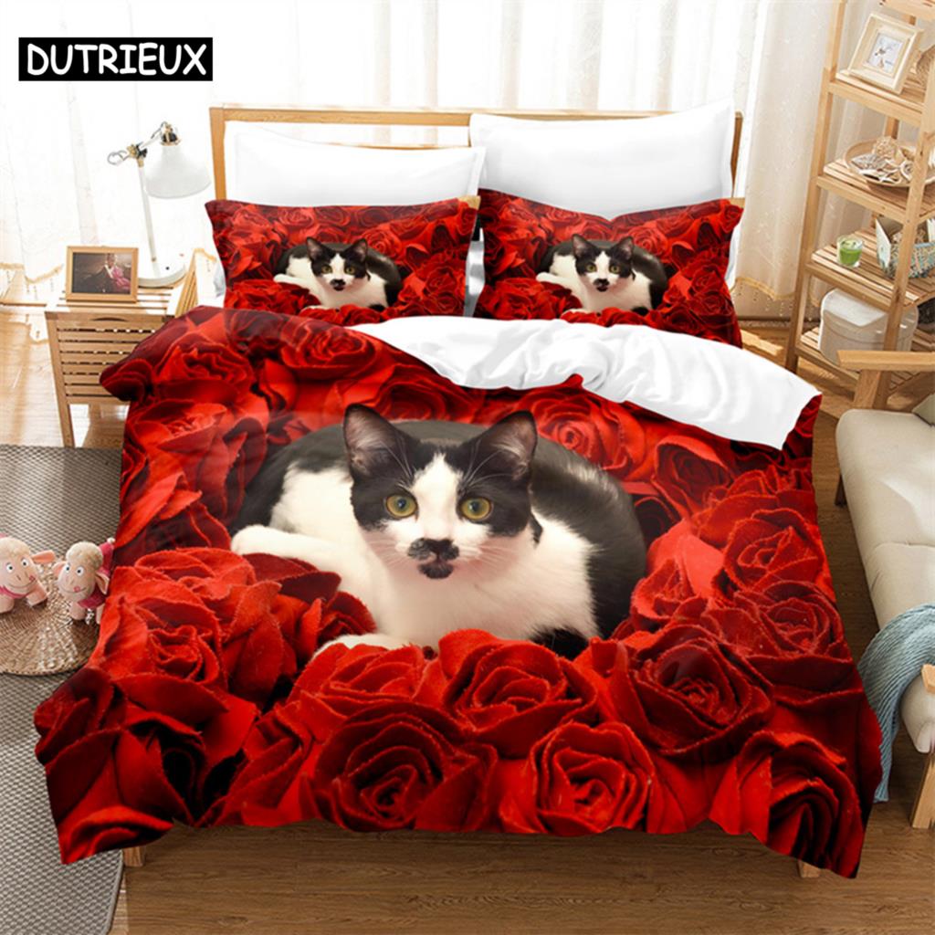 Comforter Cat Flowers Queen Bedding Set Pink Bedding Digital Printing King Size Bedding Sets