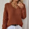 Maglione pullover a V a maniche lunghe lavorato a maglia traforato da donna autunno e inverno