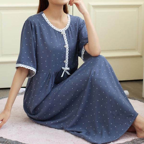 Nouă cămașă de noapte de vară pentru femei, din bumbac, cu mânecă scurtă, cămașă de noapte respirabilă cu buline