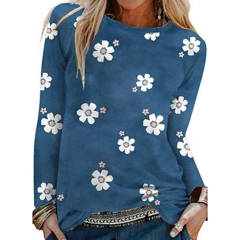 Rundhals 3D-Blumendruck Lässige Langarm-Damen-T-Shirts - Weicher Mittlerer Stretch Polyesterstoff Frühling und Herbst Bequeme Passform Kleidung