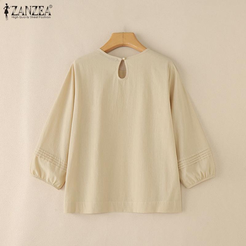 ZANZEA Women Casual Round Neck Solid Color 3/4 Sleeve Blouse