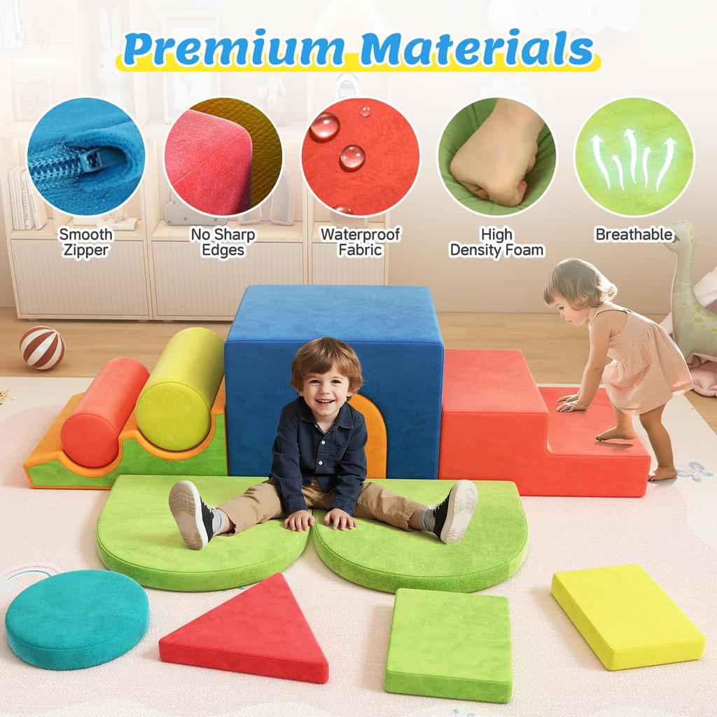 12-Piece Soft Block Set, Macaron Colors, Indoor Playground Equipment for Kids, Includes Jungle Gym and Slide, Cushion Play Equipment for Ages 1+