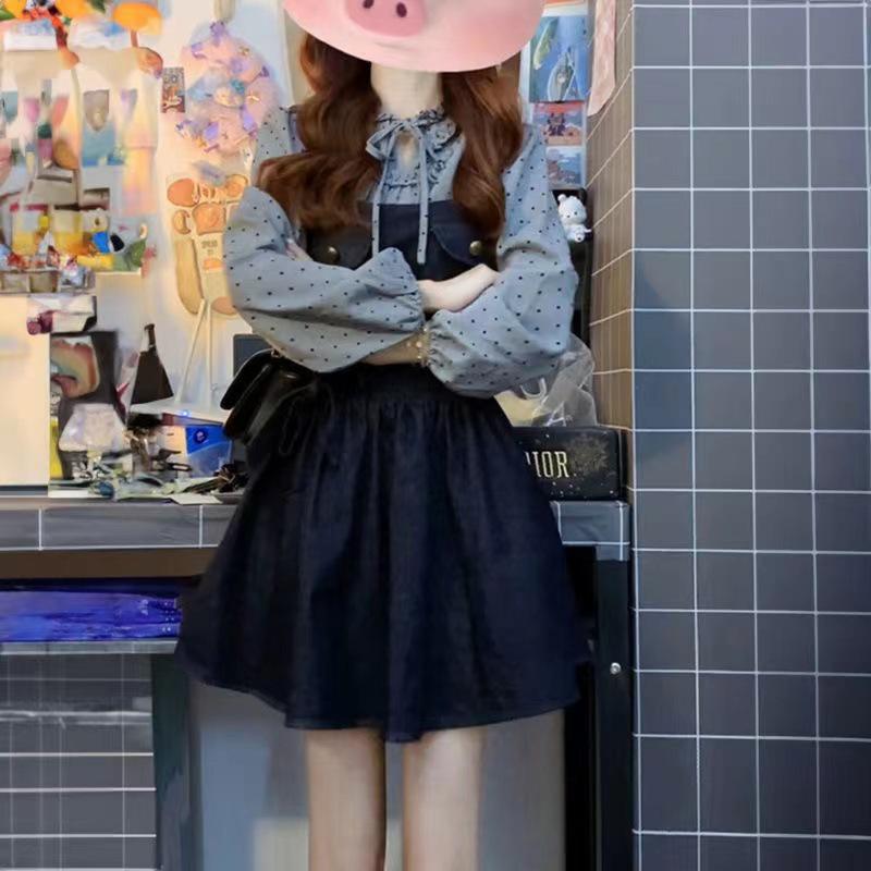 

Ретро комбинезон из денима с бантом и комплект рубашки в горошек для девочек 2XL