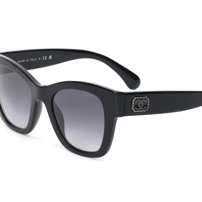 Chanel Solid Color Double C Temples Acetate Frame Butterfly Sunglasses Women's Black