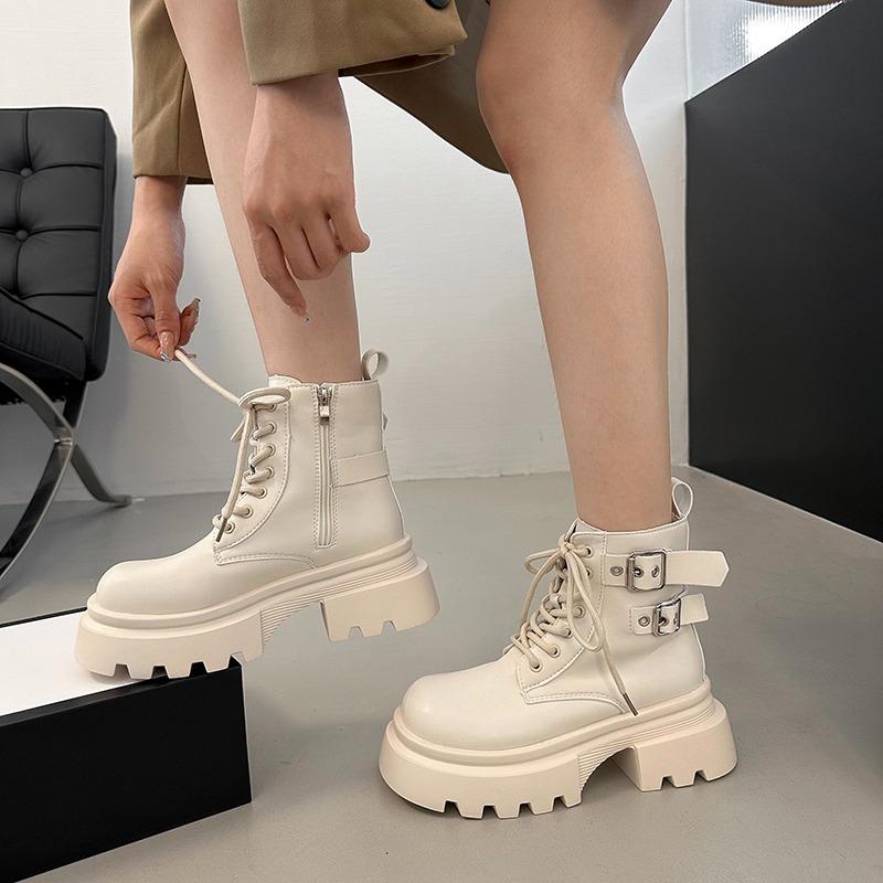 Platform Booties New Soft Sole Fall Winter Round Toe Side Zipper Metal Buckle Anti-slip Wear-resistant Block Heel Boots