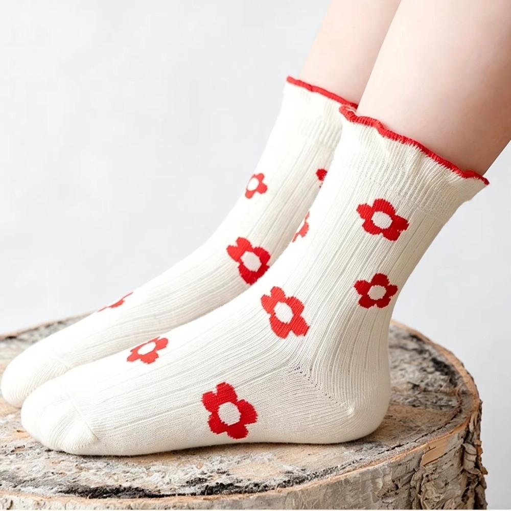 5 Pairs 5 Pairs Pack Kids Crew Socks Floral Print Ruffle Cuff Socks Princess Socks  School Socks