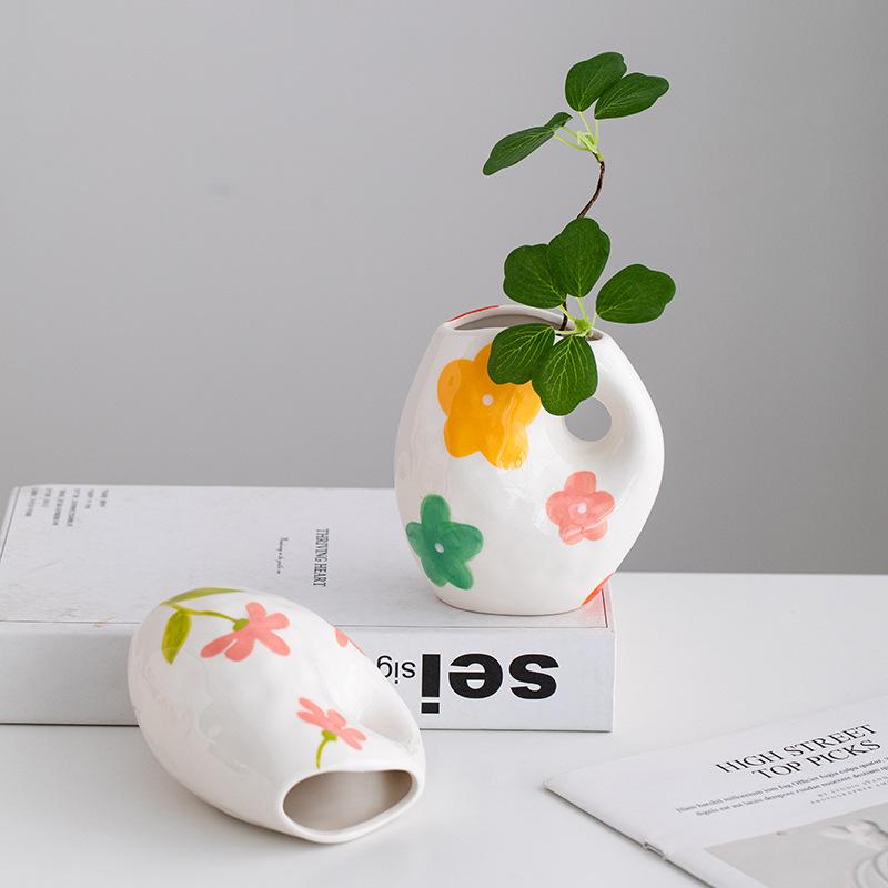 Colorful Flower Flower Vase Floral Arrangement Accessories Handle Pot Ceramic Vase Home Decoration Accessories Plant Pot