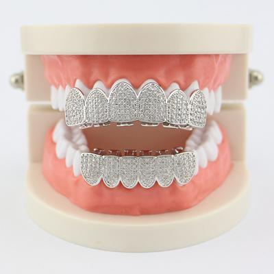 1Pair Silver Plated Bling Bling Cubic Zirconia Top & Bottom Mouth Teeth Cover