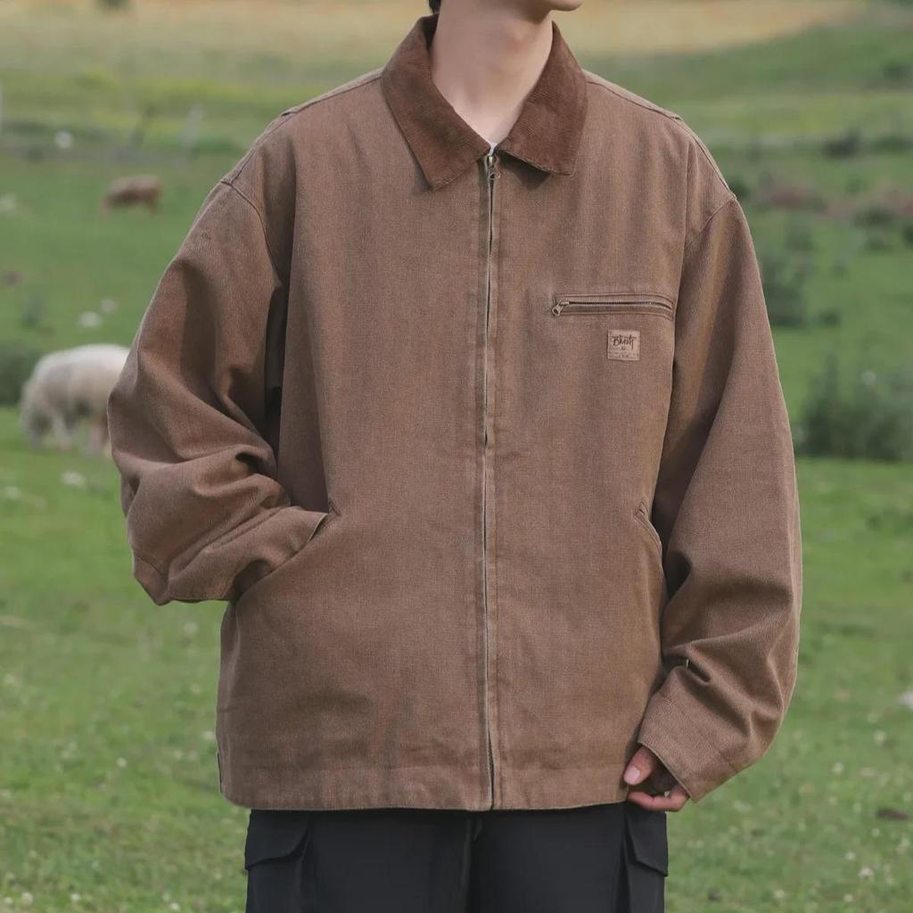 Japanese Retro Coffee-Colored Men's Loose Workwear Jacket