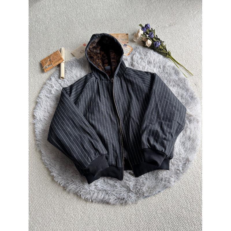 Unisex Hooded Winter Jacket with Vertical Stripes, Leopard Print Lining, and Color Block Patchwork.