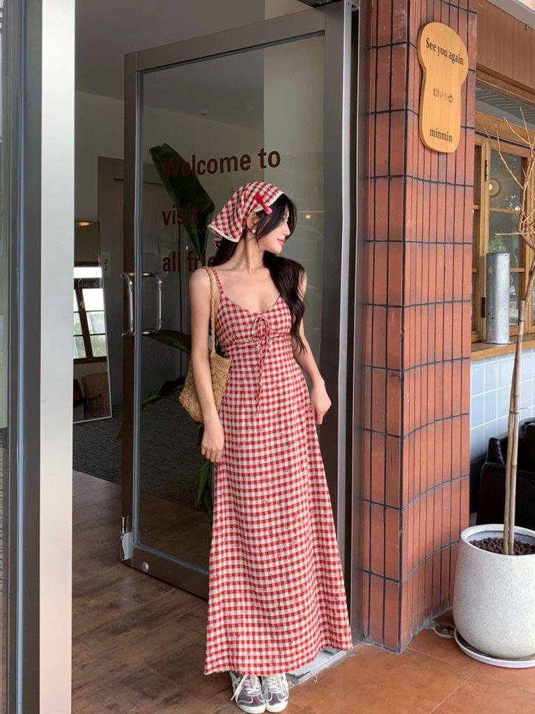 Red Plaid Women's Backless Strappy Dress - French Pastoral Style, Slim Waist, Long Skirt