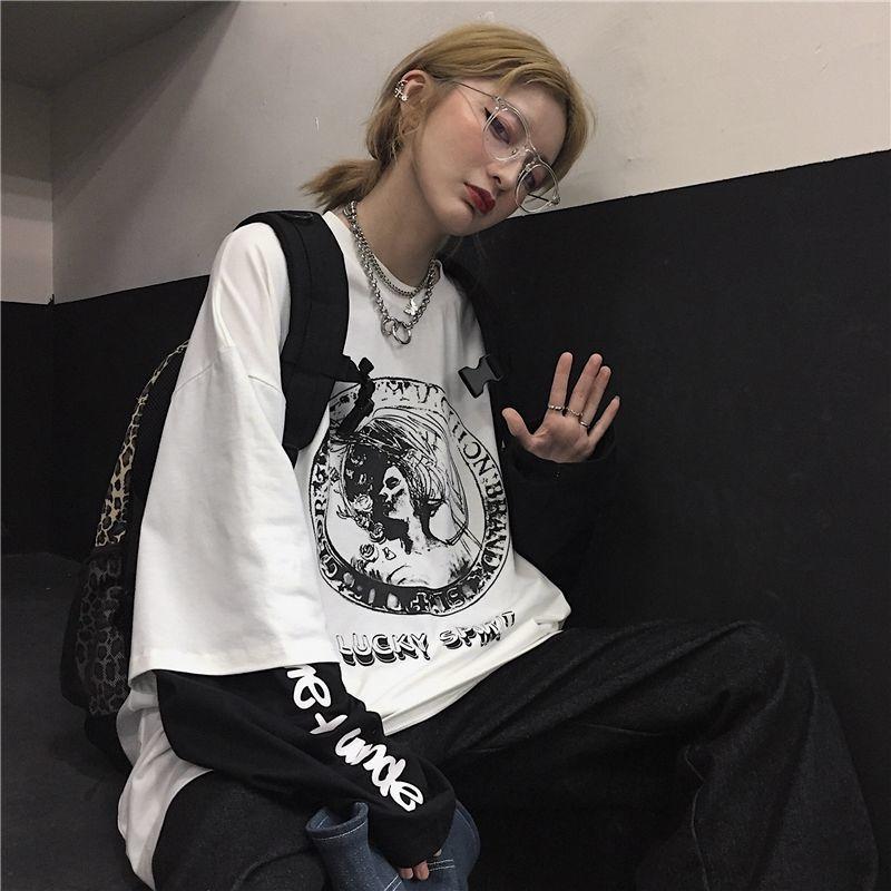 Fake Two-piece Original Diablo Anime Letter Printed Top Spring and Autumn Loose Hip-hop All-match Men's Long-sleeved T-shirt