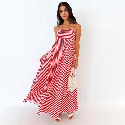 Sukienka maxi bez rękawów w paski dla kobiet na ramiączkach spaghetti, marszczona, rozkloszowana, długa sukienka, letnia sukienka cami na wakacje