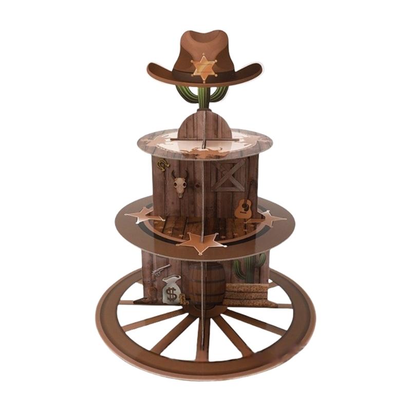 

Unique Cowboy Wheel Shape Paper Cakes Stand Western Styles 3 Layer Cakes Stand for Parties and Event with Easy Assembly 1