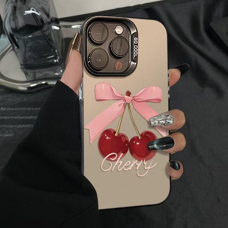 Silver Cherry Bow Phone Case for Apple 12 to 16 Pro Max