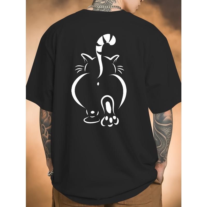 European Size Men's Bright Yellow Cat Back Print T-Shirt - Playful Geometric Design, Breathable Short Sleeve Crew Neck Summer Top for Beach Vacation =