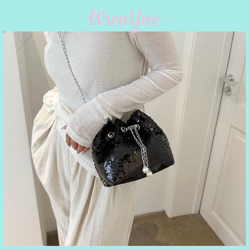 Chic Sequin Bucket Bag With Chain Strap 2023 Summer New Women's Street Style Shoulder Bag Crossbody Bag
