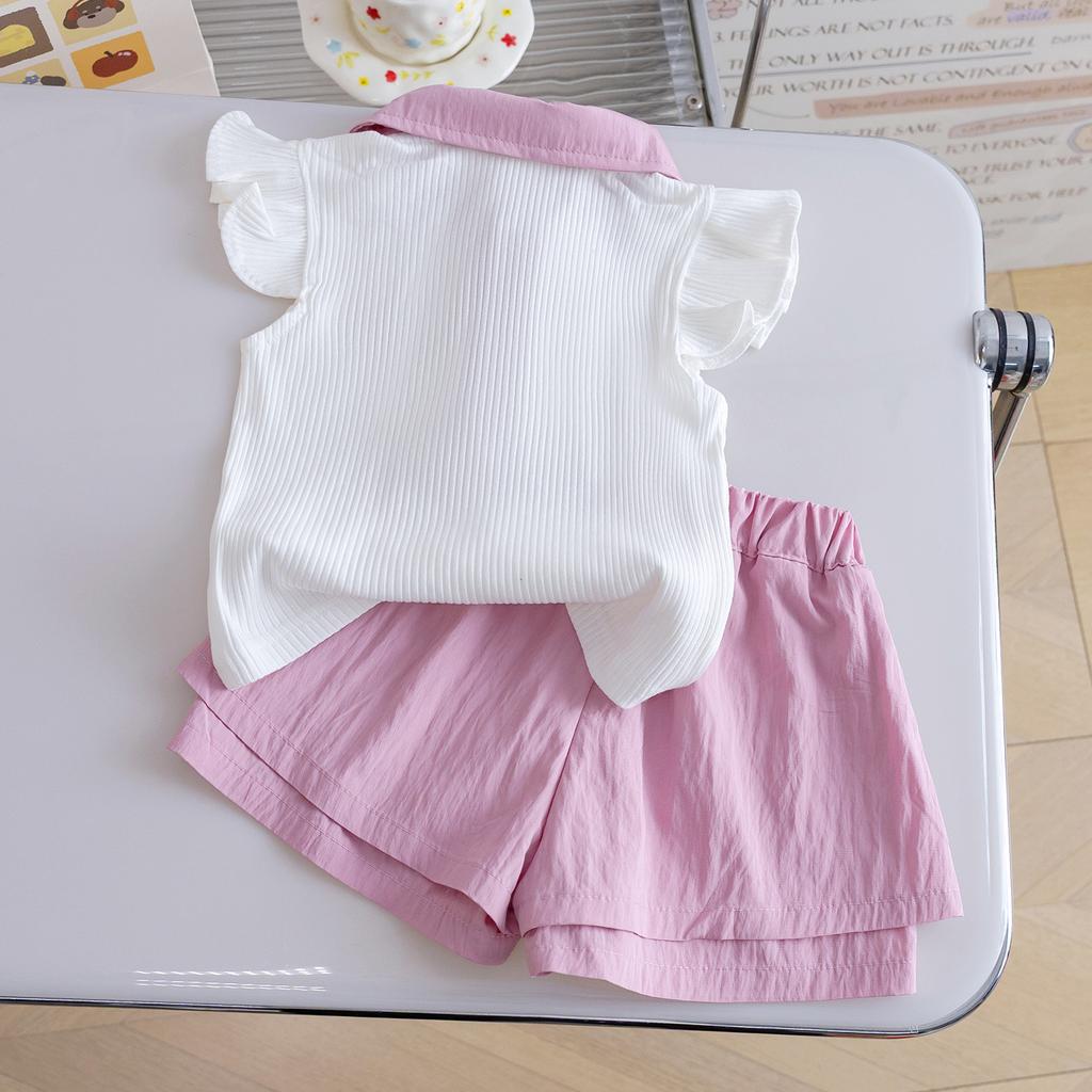 Girls Summer Sweet Polo Shirt Set Stylish Flutter Sleeve Casual Two Piece Outfit For Kids